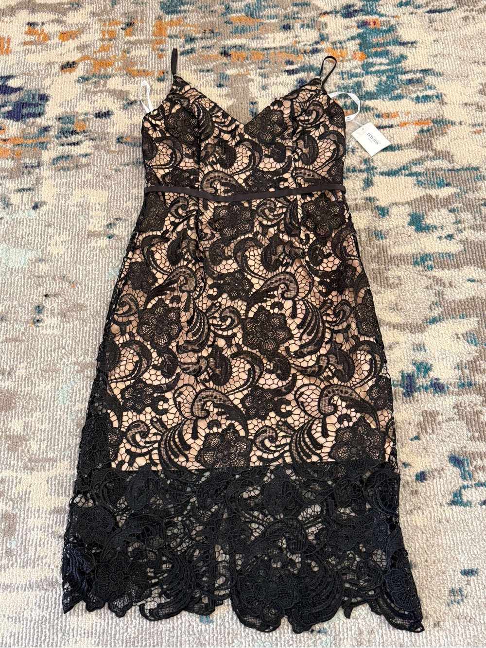 Homecoming party formal Nude Slip Midi Dress with Black Floral Lace Overlay NWT